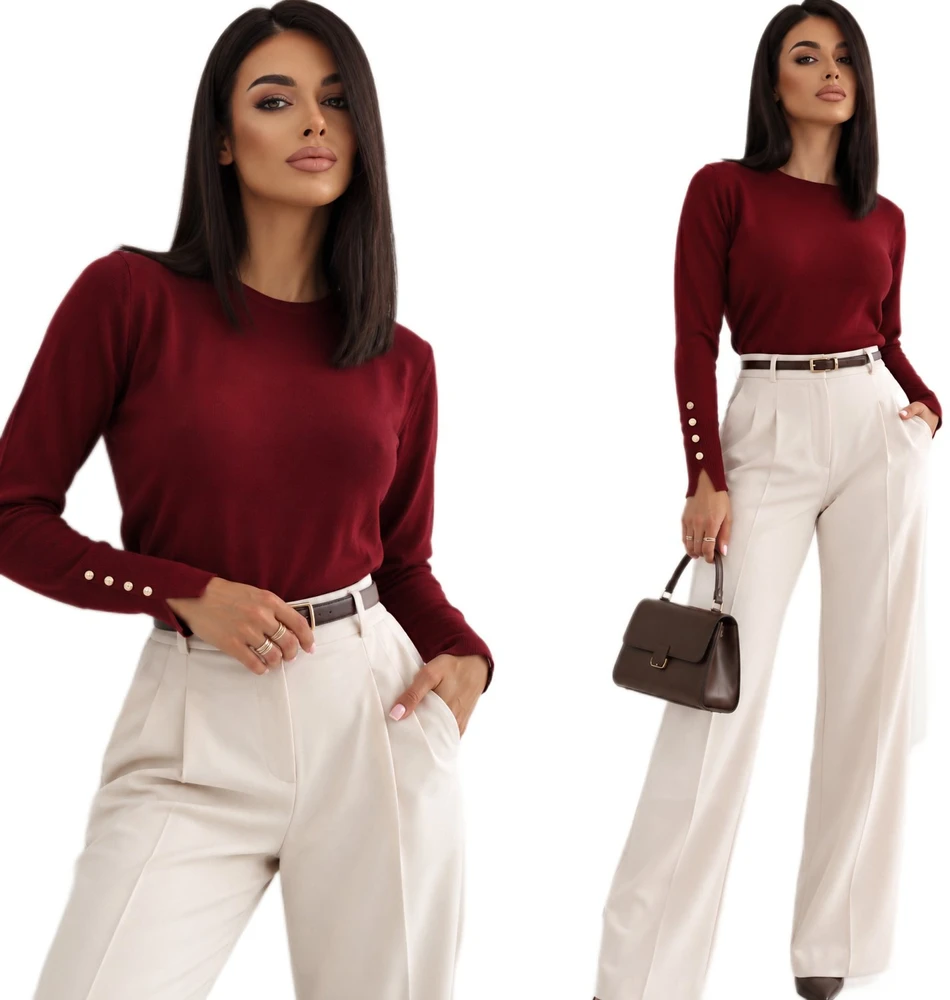 Moteriškas prigludęs megztinis su apvalia iškirpte Italy Moda, bordo