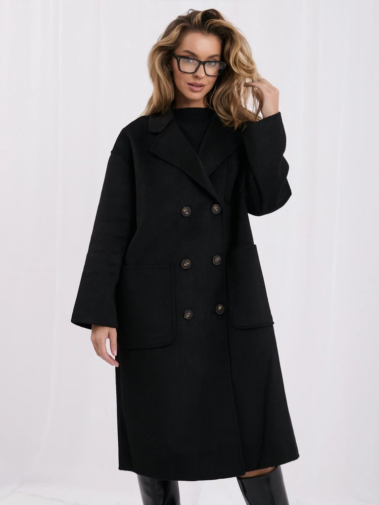 Moteriškas vilnonis laisvo kirpimo paltas Italy Moda, juodas