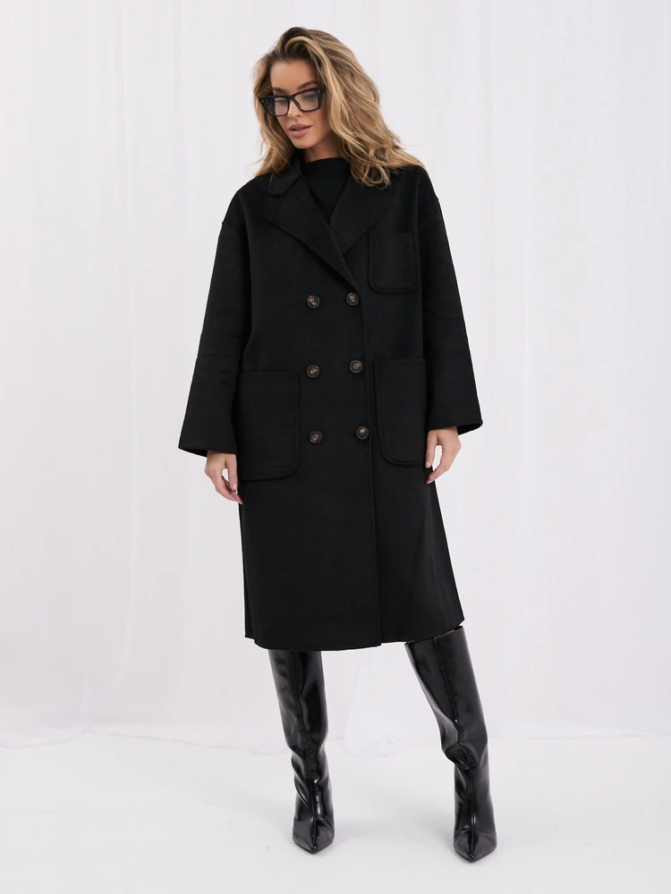 Moteriškas vilnonis laisvo kirpimo paltas Italy Moda, juodas