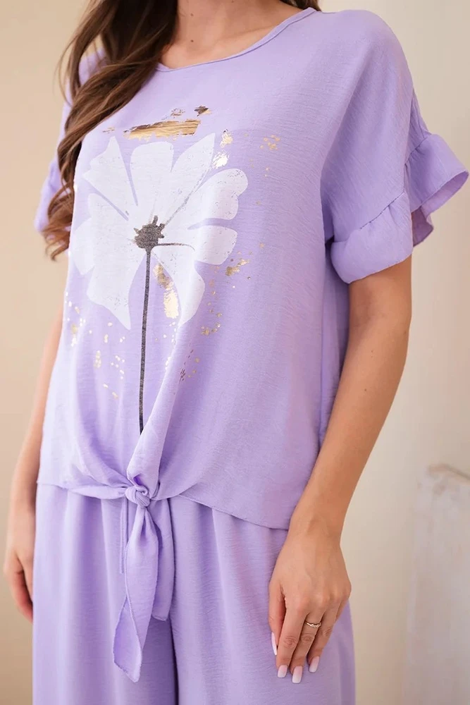 Moteriškas viskozės komplektas su marginta palaidine ir kelnėmis, šviesiai violetinis