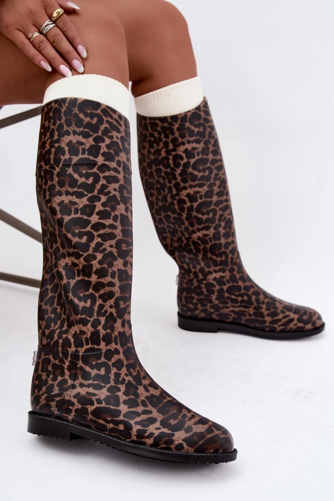 Moteriški guminiai ilgaauliai batai leopardo rašto, rudi
