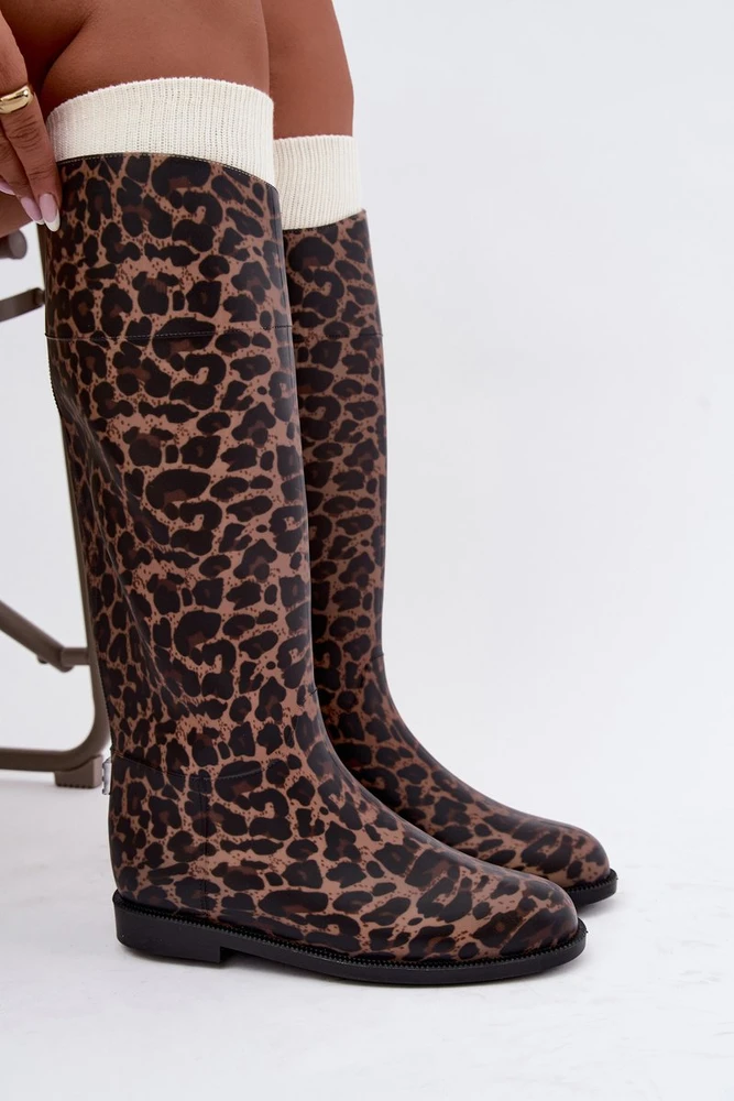 Moteriški guminiai ilgaauliai batai leopardo rašto, rudi