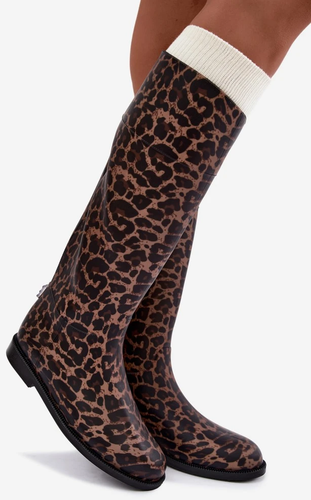 Moteriški guminiai ilgaauliai batai leopardo rašto, rudi