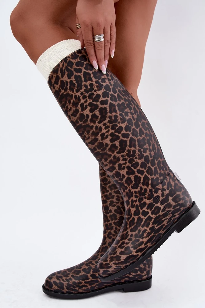 Moteriški guminiai ilgaauliai batai leopardo rašto, rudi