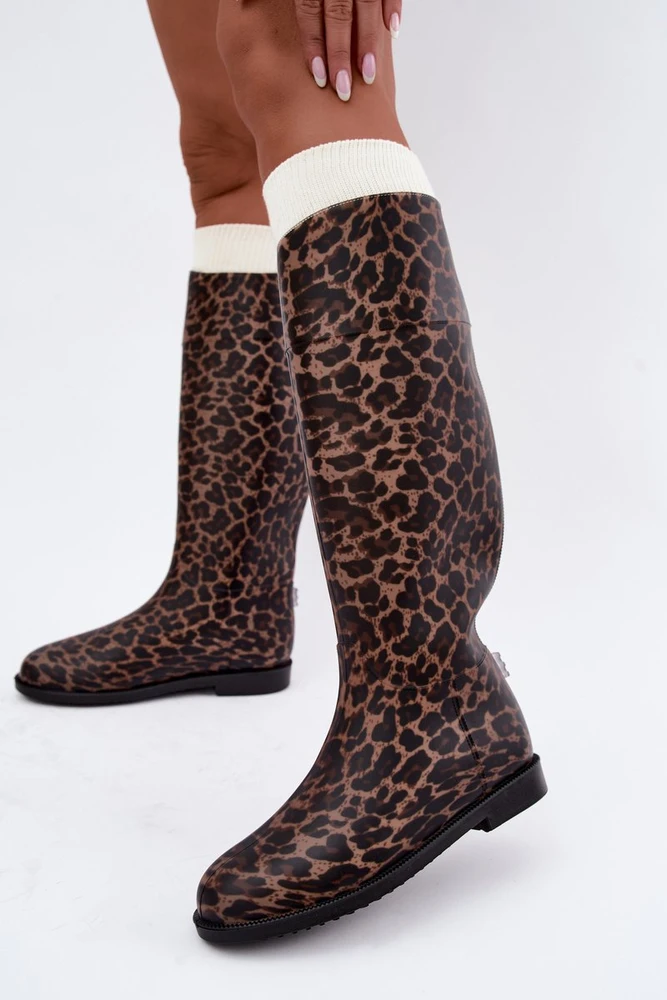 Moteriški guminiai ilgaauliai batai leopardo rašto, rudi