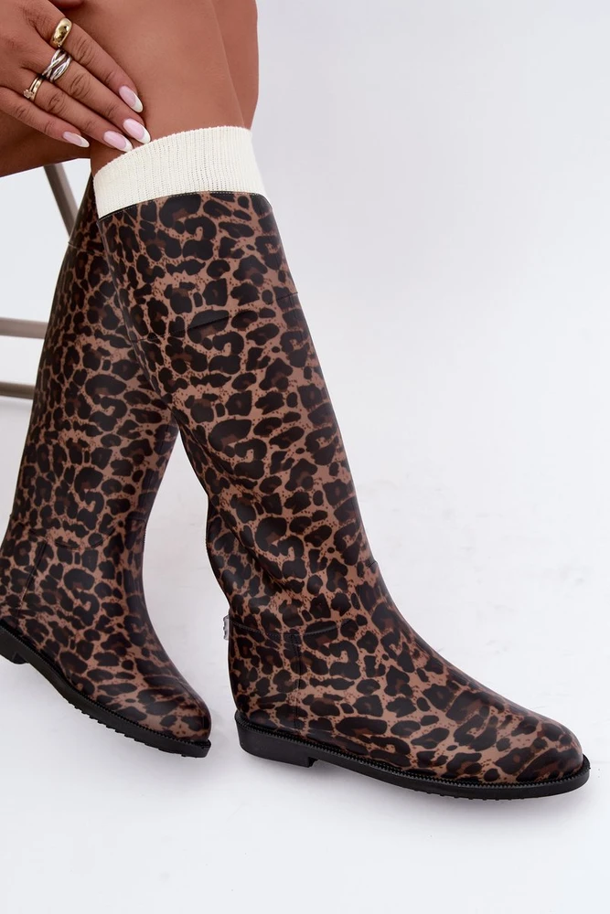 Moteriški guminiai ilgaauliai batai leopardo rašto, rudi