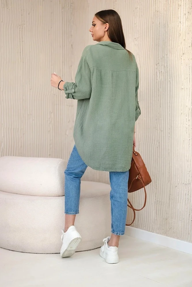Moteriški muslino marškiniai oversize, chaki spalvos