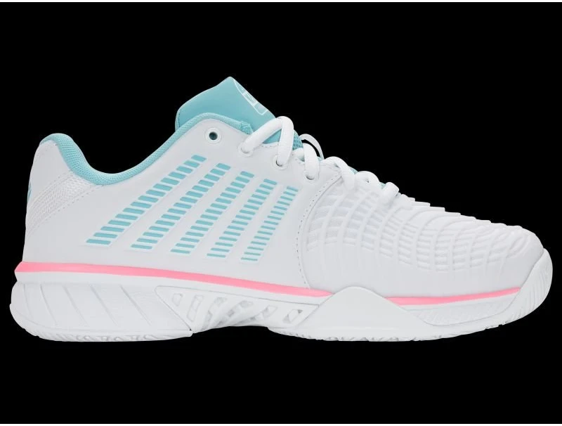 Moteriški padelio batai K-Swiss Express Light 3, balti, šviesiai mėlyni ir neoniniai rožiniai