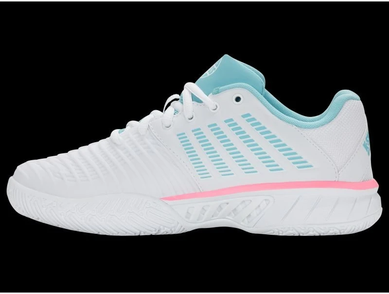 Moteriški padelio batai K-Swiss Express Light 3, balti, šviesiai mėlyni ir neoniniai rožiniai