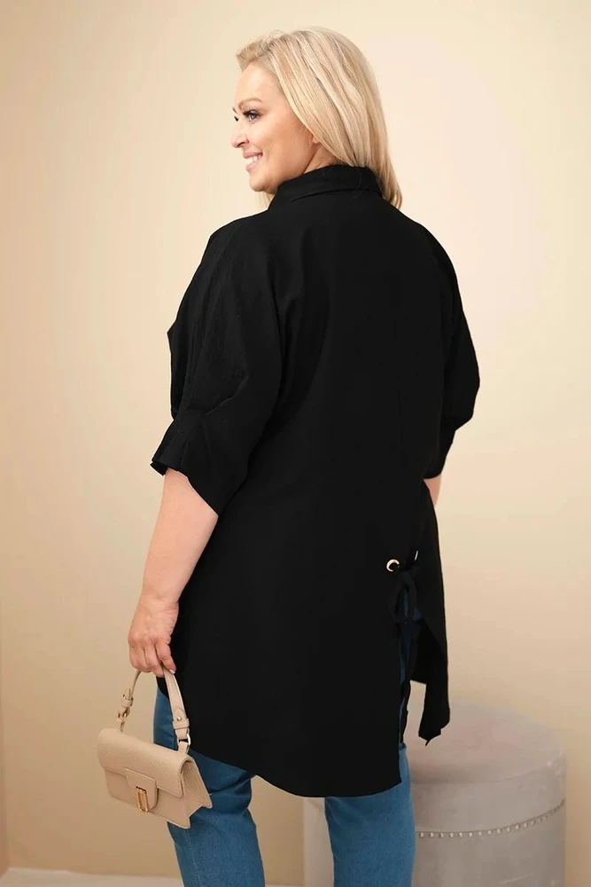 Moteriški Plus Size marškiniai iš medvilnės su sagomis ir apykakle, juodi
