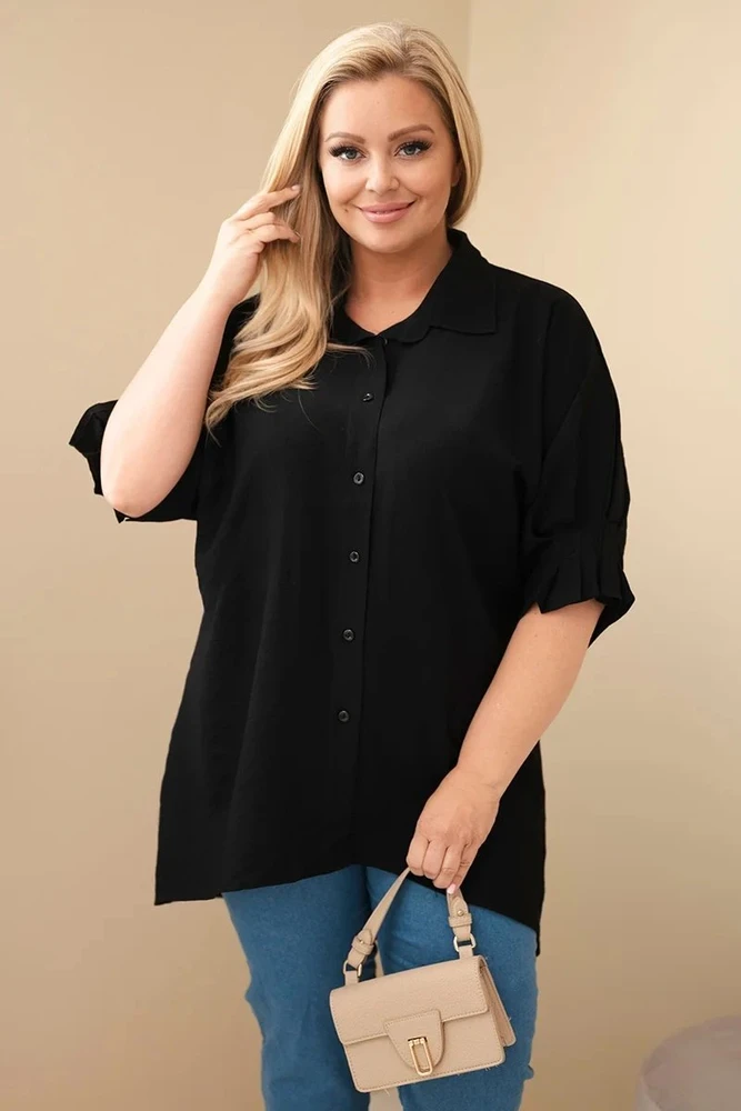 Moteriški Plus Size marškiniai iš medvilnės su sagomis ir apykakle, juodi