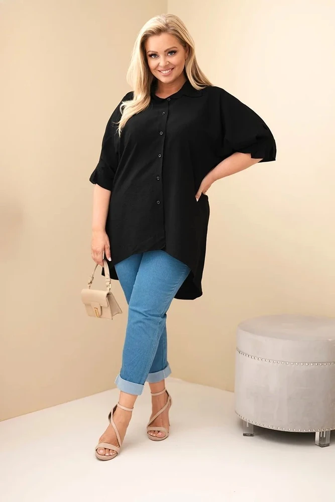 Moteriški Plus Size marškiniai iš medvilnės su sagomis ir apykakle, juodi