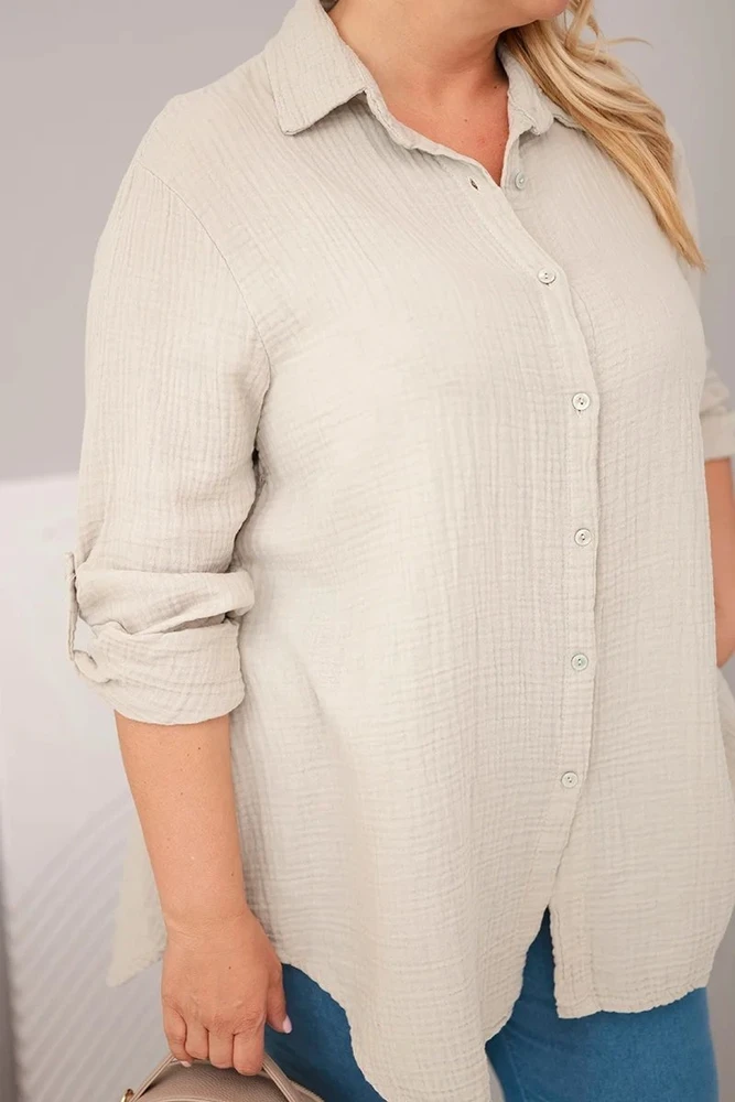 Moteriški Plus Size marškiniai iš muslino, tamsiai smėlio spalvos