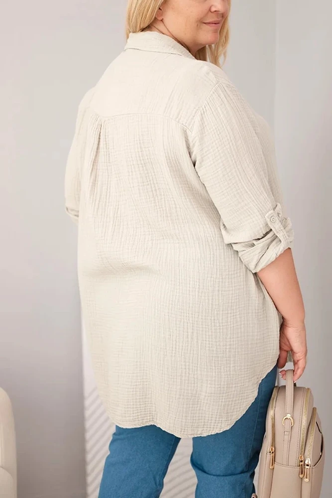 Moteriški Plus Size marškiniai iš muslino, tamsiai smėlio spalvos
