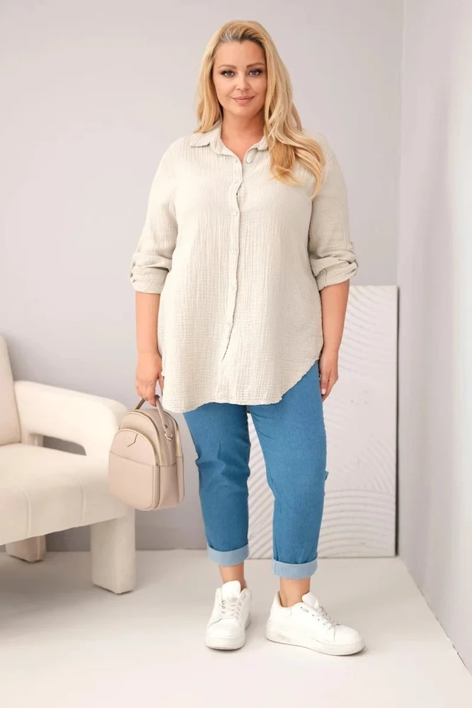 Moteriški Plus Size marškiniai iš muslino, tamsiai smėlio spalvos