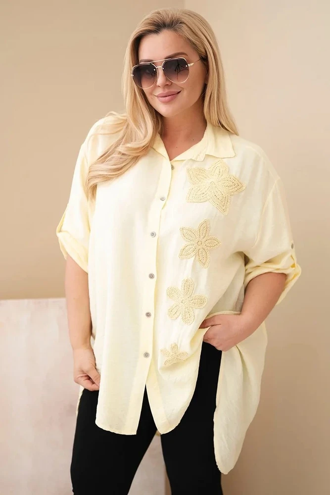Moteriški Plus Size marškiniai su gėlių siuvinėjimu, geltoni
