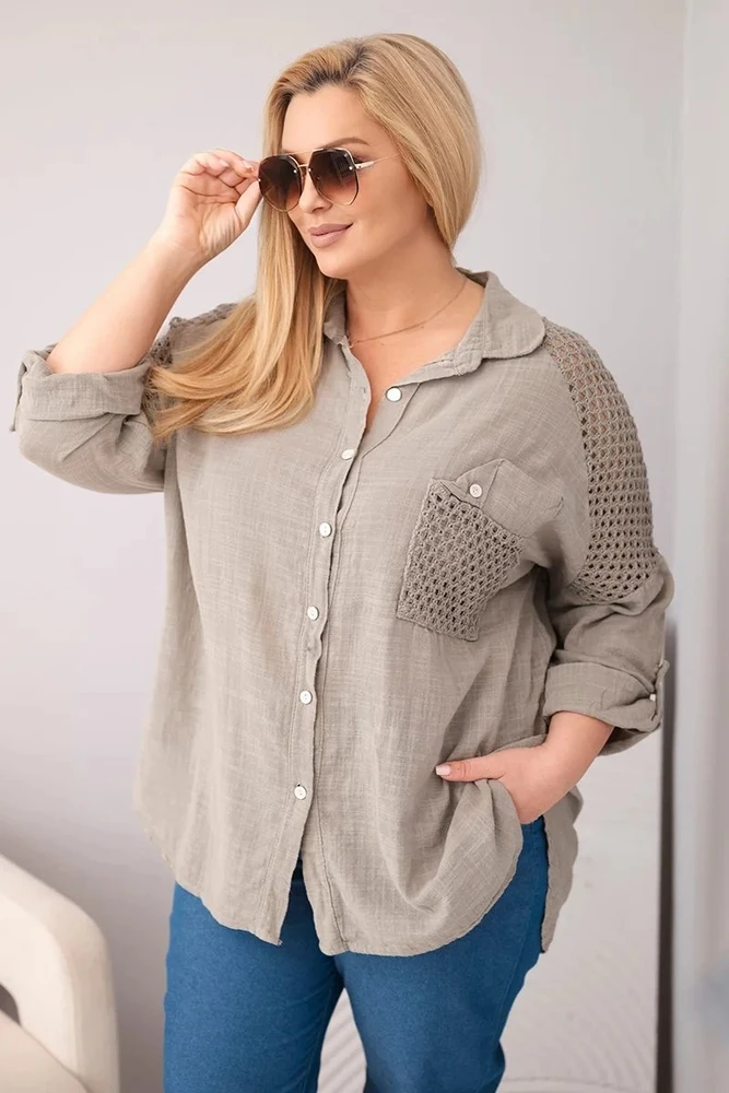 Moteriški Plus Size marškiniai su nėriniais ir apykakle, smėlio spalvos