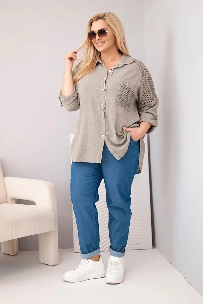 Moteriški Plus Size marškiniai su nėriniais ir apykakle, smėlio spalvos