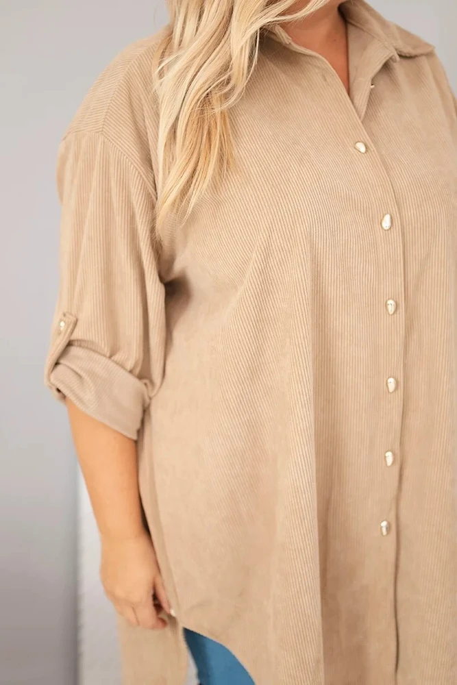 Moteriški Plus Size marškiniai su podvinėjamomis rankovėmis, smėlio spalvos
