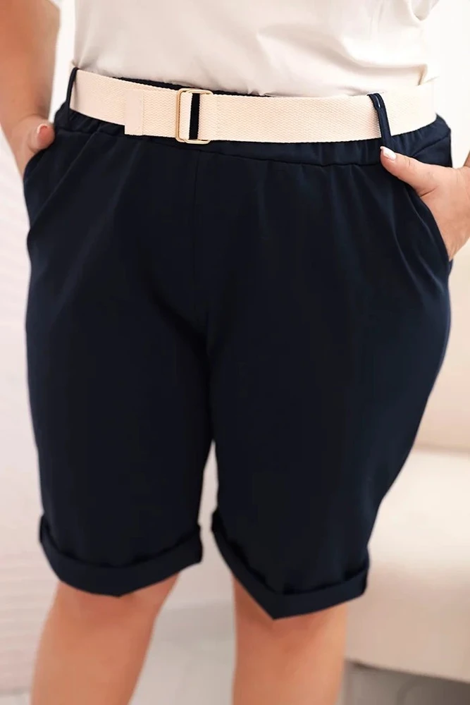 Moteriški Plus Size medvilnės šortai su diržu, tamsiai mėlynos spalvos