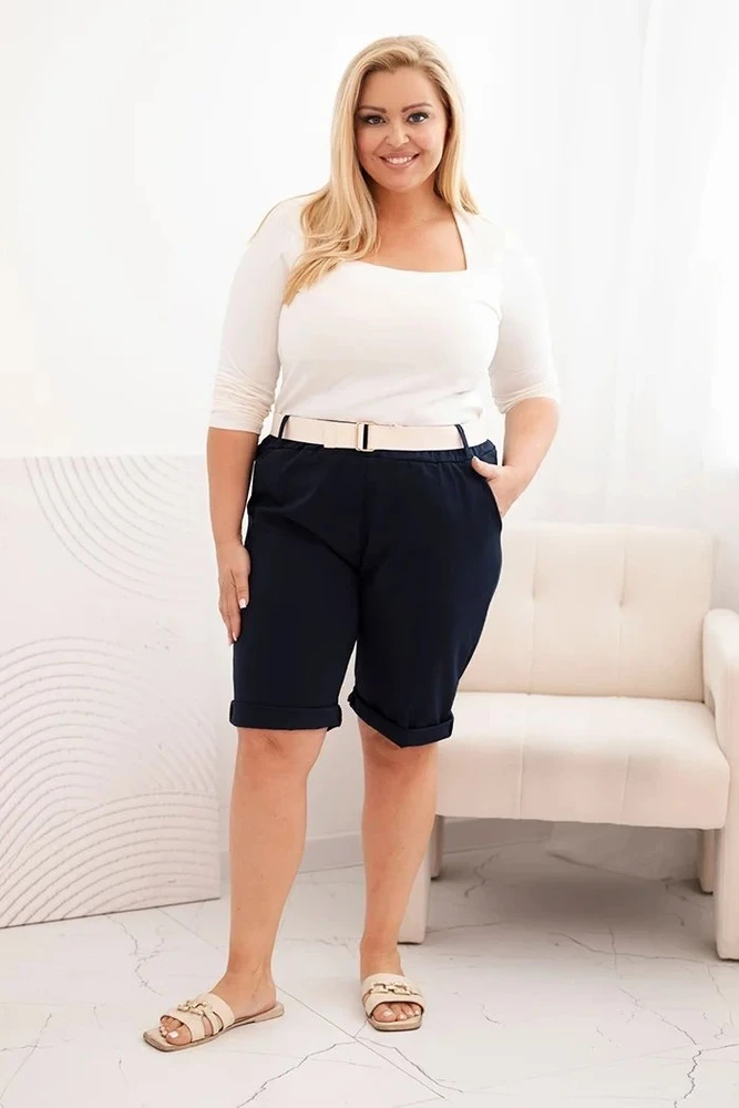 Moteriški Plus Size medvilnės šortai su diržu, tamsiai mėlynos spalvos