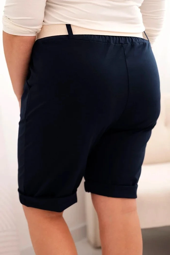 Moteriški Plus Size medvilnės šortai su diržu, tamsiai mėlynos spalvos