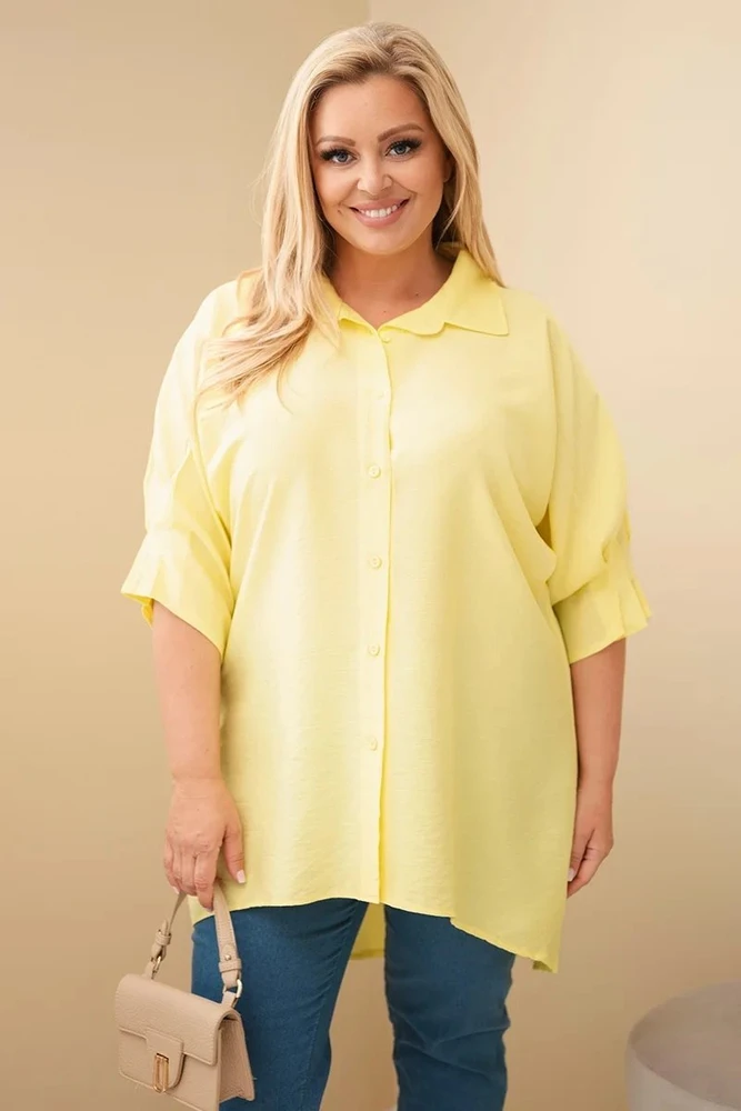 Moteriški Plus Size medvilniniai marškiniai su sagomis ir apykakle, geltoni
