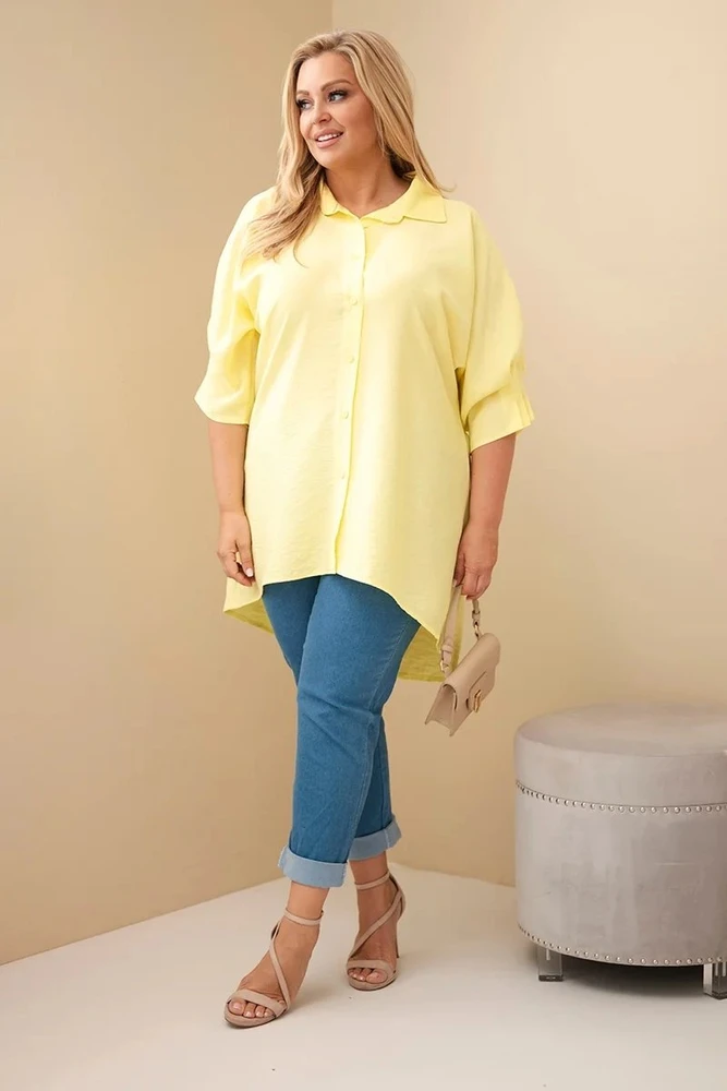 Moteriški Plus Size medvilniniai marškiniai su sagomis ir apykakle, geltoni