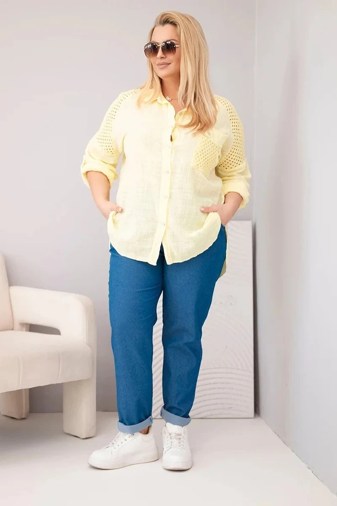 Moteriški Plus Size medvilniniai marškiniai su apykakle ir nėrinių intarpais, geltoni