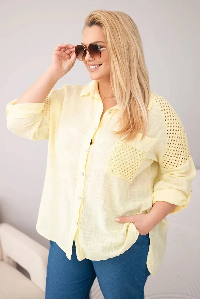 Moteriški Plus Size medvilniniai marškiniai su apykakle ir nėrinių intarpais, geltoni