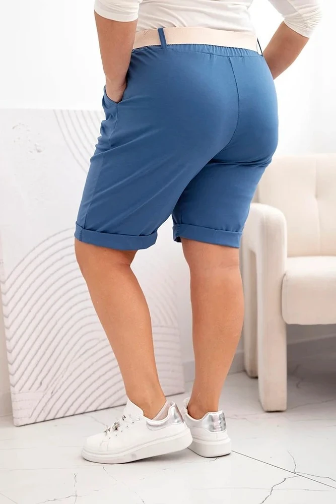 Moteriški Plus Size šortai su diržu, mėlynos spalvos