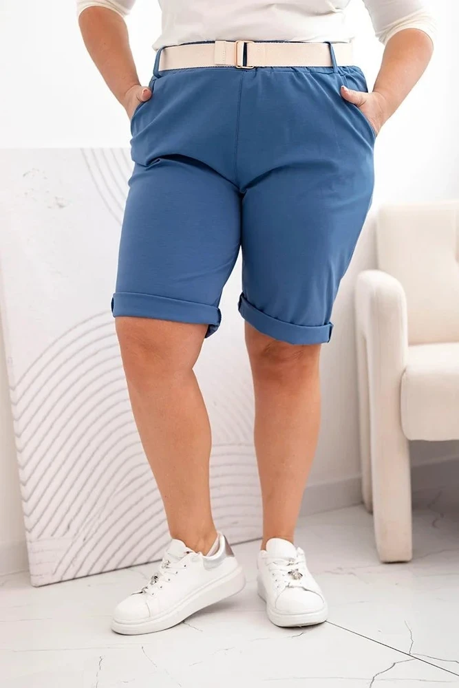 Moteriški Plus Size šortai su diržu, mėlynos spalvos