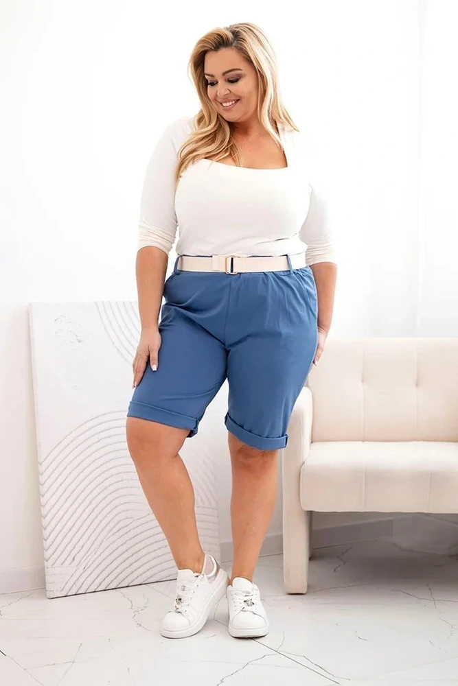 Moteriški Plus Size šortai su diržu, mėlynos spalvos