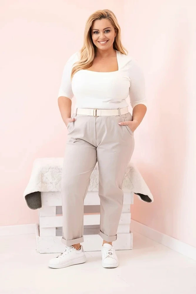 Moteriškos medvilninės Plus Size kelnės su diržu, tamsiai smėlio spalvos
