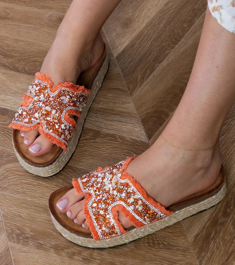 Moteriškos oranžinės espadrilės šlepetės su cirkoniais