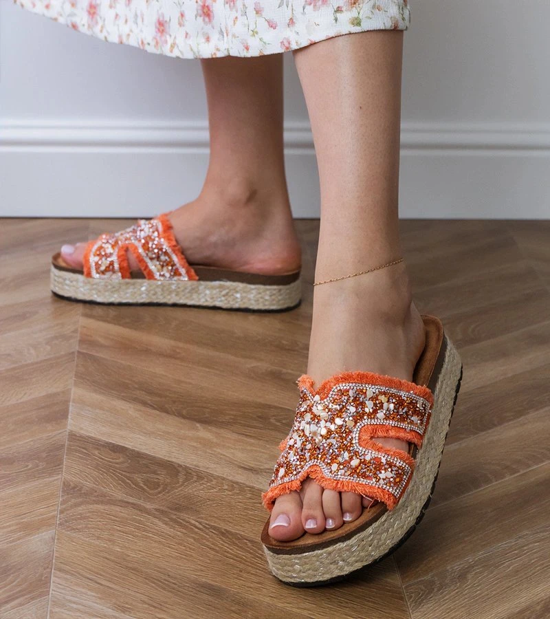 Moteriškos oranžinės espadrilės šlepetės su cirkoniais