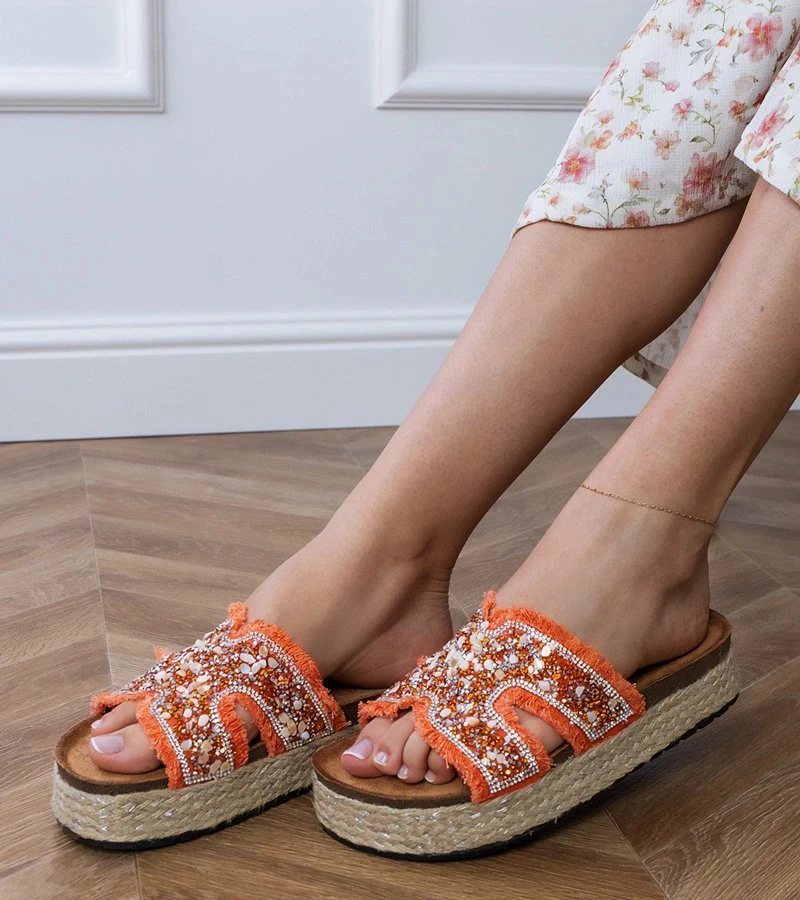 Moteriškos oranžinės espadrilės šlepetės su cirkoniais