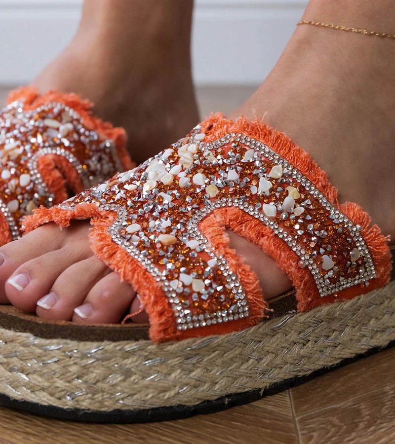 Moteriškos oranžinės espadrilės šlepetės su cirkoniais