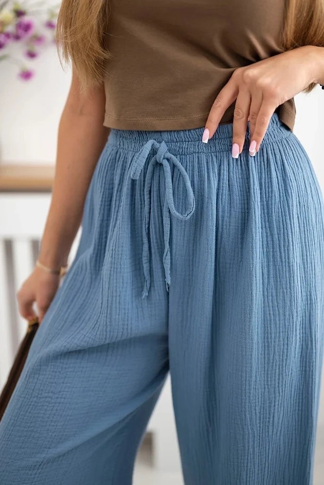 Moteriškos plačios muslino kelnės Denim, mėlynos spalvos