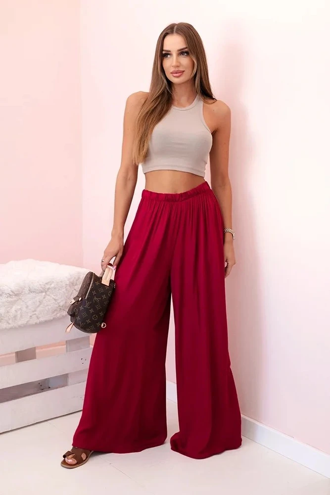 Moteriškos plačios viskozinės kelnės su tampriu juosmeniu, tamsiai raudonos spalvos