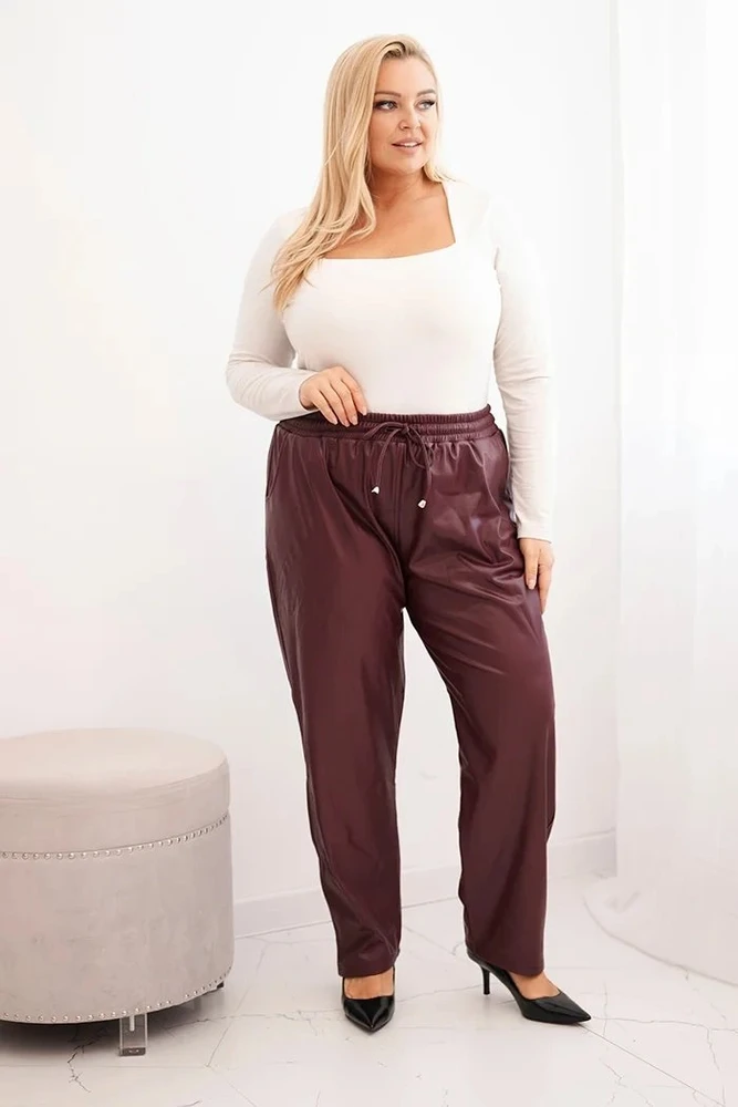 Moteriškos Plus Size dirbtinės odos kelnės aukštu juosmeniu, burgundiškos spalvos