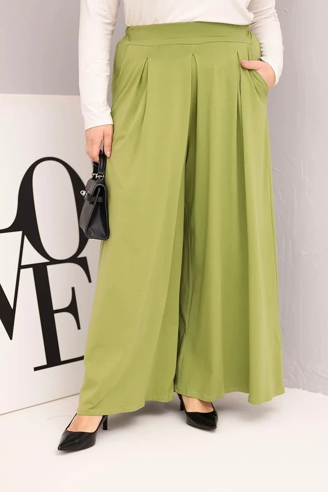 Moteriškos Plus Size kelnės plačiomis klešnėmis, pistacijų spalvos