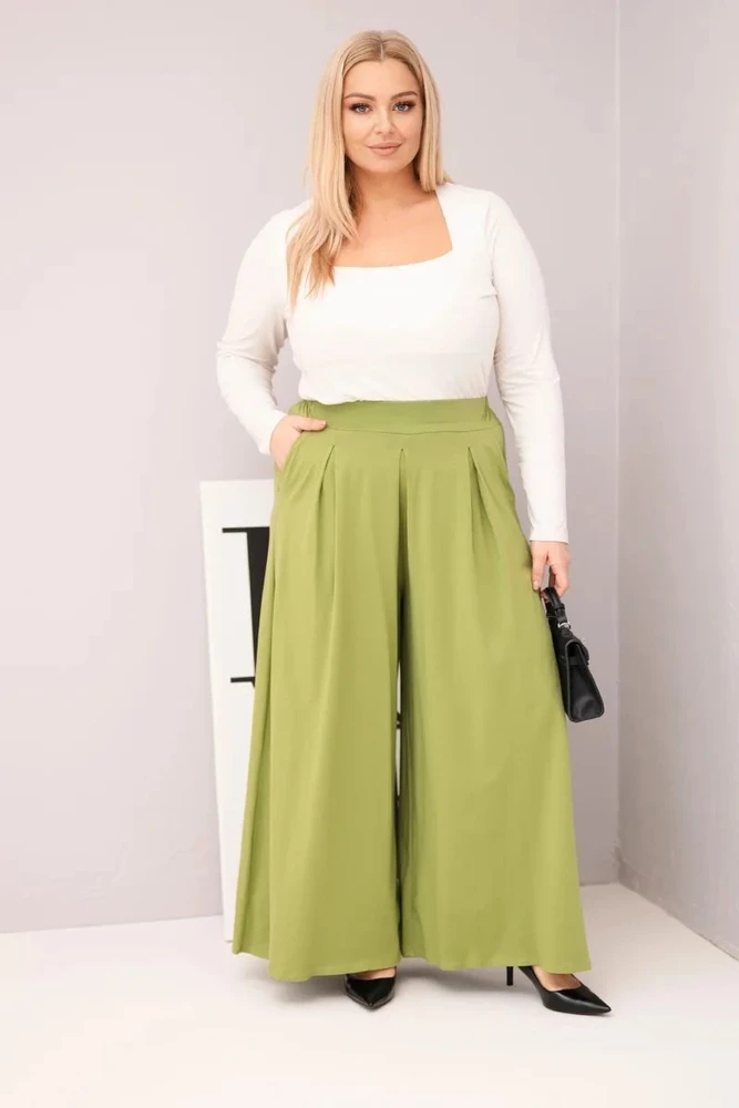 Moteriškos Plus Size kelnės plačiomis klešnėmis, pistacijų spalvos