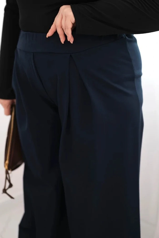 Moteriškos Plus Size kelnės plačiomis klešnėmis, tamsiai mėlynos spalvos