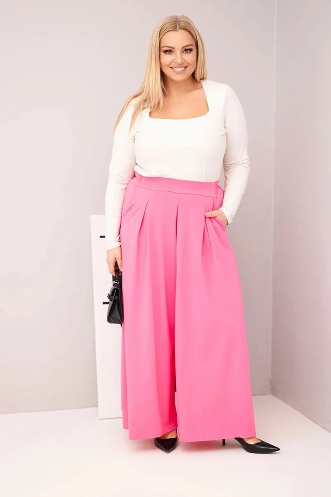 Moteriškos Plus Size kelnės plačiomis klešnėmis, šviesiai rožinės spalvos