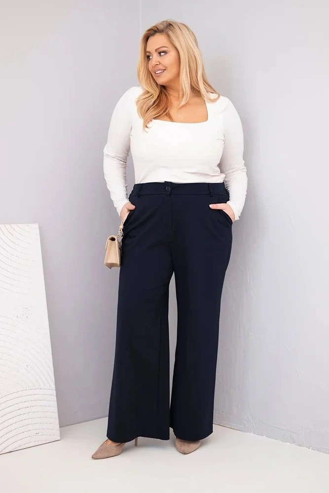 Moteriškos Plus Size kelnės plačiomis klešnėmis ir aukštu liemeniu, tamsiai mėlynos spalvos