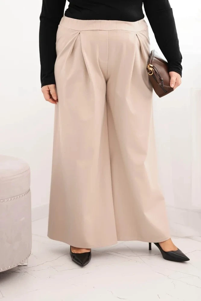 Moteriškos Plus Size kelnės plačiomis klešnėmis ir klostėmis, smėlio spalvos