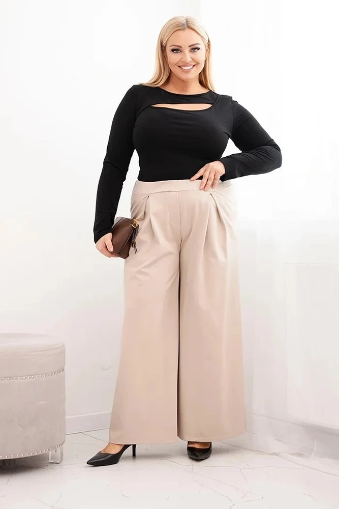 Moteriškos Plus Size kelnės plačiomis klešnėmis ir klostėmis, smėlio spalvos