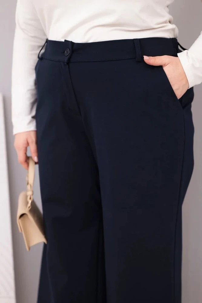 Moteriškos Plus Size kelnės plačiomis klešnėmis ir aukštu liemeniu, tamsiai mėlynos spalvos