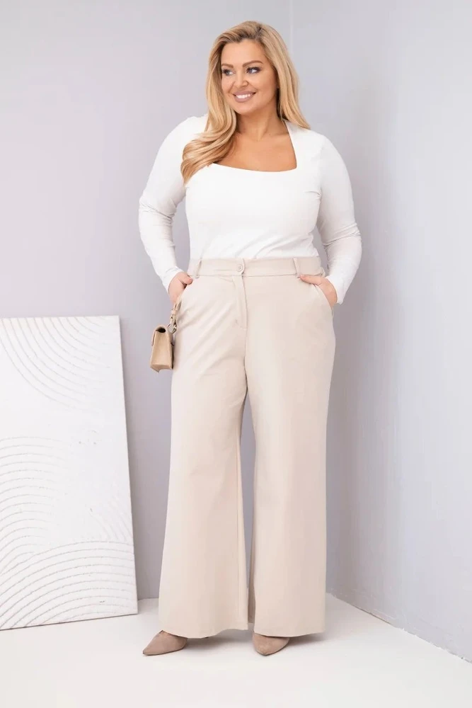 Moteriškos Plus Size kelnės plačiomis klešnėmis ir aukštu liemeniu, smėlio spalvos